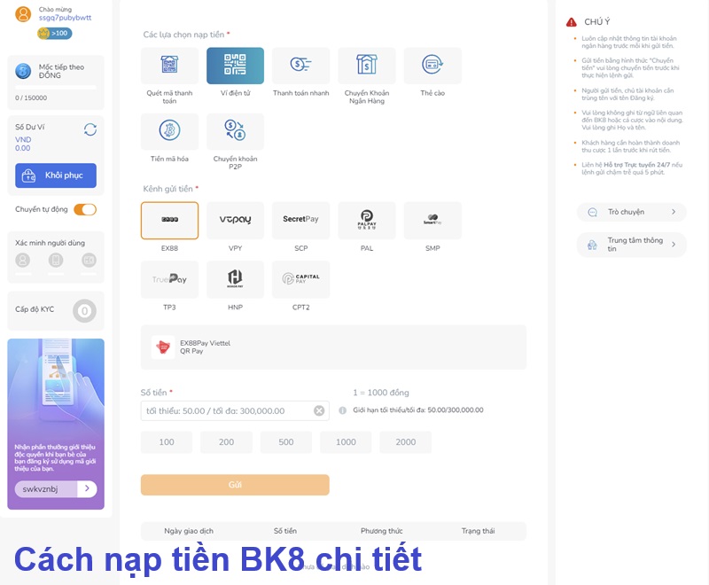 Cách nạp tiền BK8 chi tiết