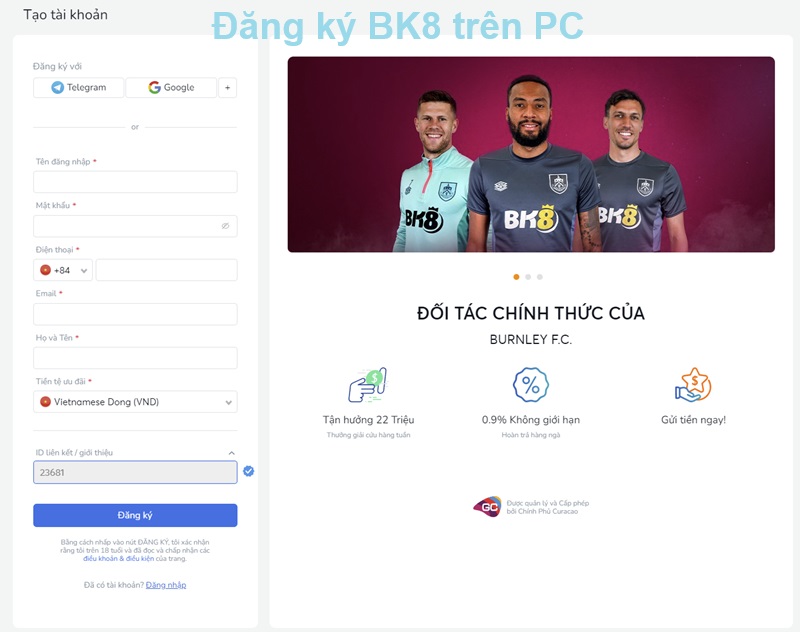 Đăng ký BK8 trên PC