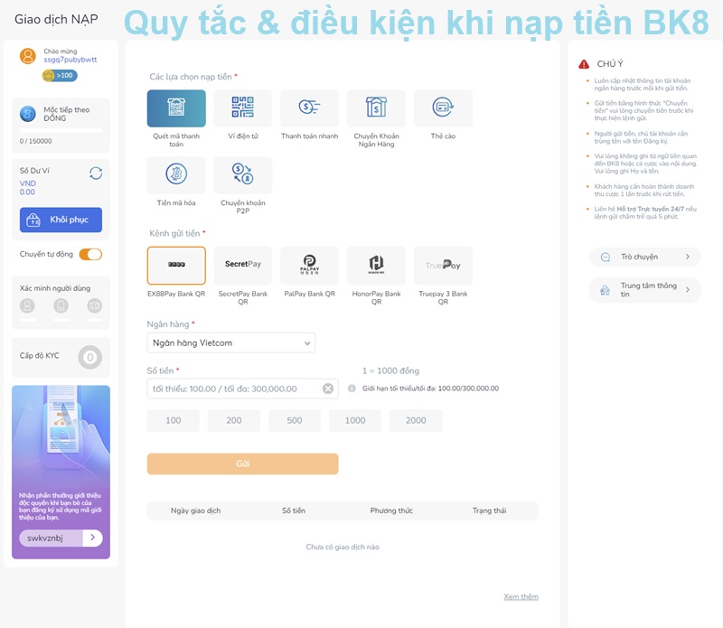Quy tắc & điều kiện khi nạp tiền BK8