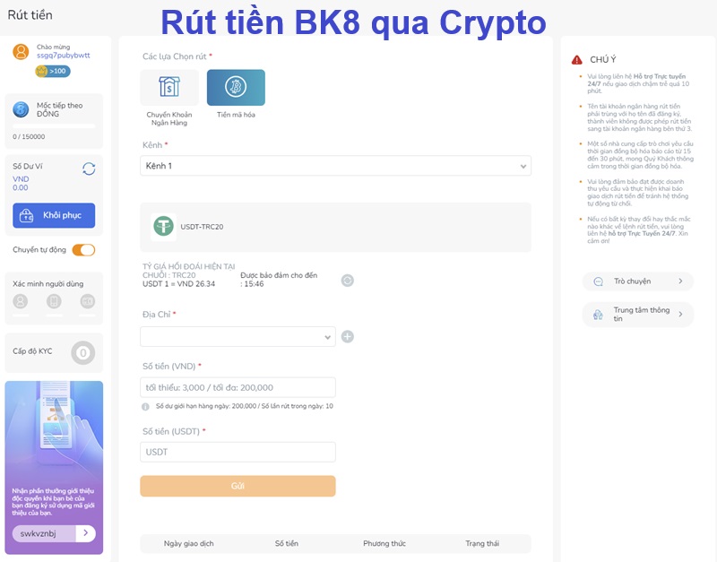 Rút tiền BK8 qua Crypto